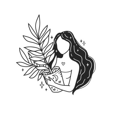 Kız çiçeklerle, hobilerle ilgileniyor. Kendine dikkat et, kendini sev. Kadınsal vektör çizimleri. Akıl Sağlığı Hizmetleri. Kadın uyumu. Doodle tarzı