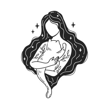 Kedisi olan bir kadın. Kendine dikkat et, kendini sev. Kadınsal vektör çizimleri. Akıl Sağlığı Hizmetleri. Kadın uyumu. Doodle tarzı