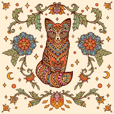 Fox Mandala retro 'su. Vektör çizimi. Çiçek Etnik çizimi. Tilki hayvan doğası Zen boho tarzında. Boyama sayfası, hippi, doğu tarzı
