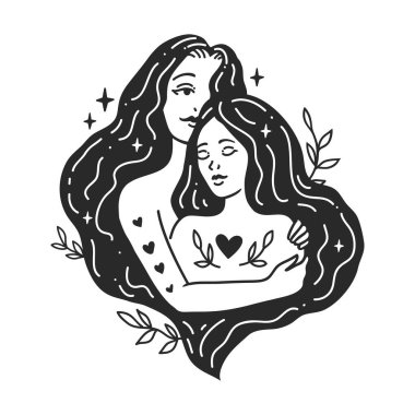 Kızlar kucaklaşır. Kişisel Bakım Kadın Vektör Resimleri. Akıl Sağlığı Hizmetleri. Kadın uyumu. Kart, sevgililer günü kartı, kadınlar günü, anneler günü. Doodle tarzı