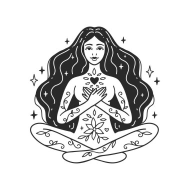 Kişisel bakım, meditasyon yapan kız yogası. Kadınsal vektör çizimleri. Akıl Sağlığı Hizmetleri. Kadın mutluluğu. Kart, sevgililer günü kartı. Doodle tarzı
