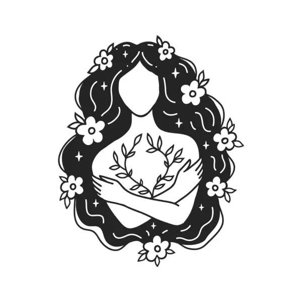Autocuidado Ame Saúde Consciente Vetor Feminino Ilustrações Mulher Abraça Ombros — Vetor de Stock