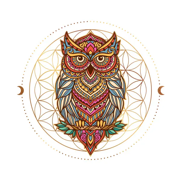 Owl Mandala Hellig Geometri Animal Vector Illustrasjon Voksne Eller Barn – stockvektor