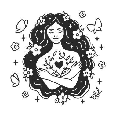 Kendine dikkat et, kendini sev sağlığına dikkat et. Kadınsal vektör çizimleri. Kadın omuzlarına sarılıyor. Kart, sevgililer günü kartı. Doodle tarzı