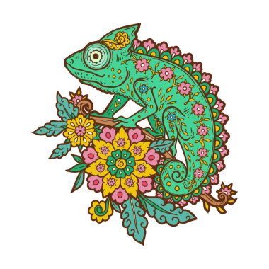 Bukalemun mandala. Zen boho tarzında Hayvan Vektörü illüstrasyonu Süsleme Çiçeği. Stres önleyici kertenkele çizimi. Arapça süsleme