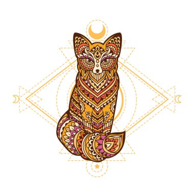 Fox Mandala retro 'su. Vektör çizimi. Çiçek Etnik çizimi. Tilki hayvan doğası Zen boho tarzında. Kutsal geometri ve kelebeklerle
