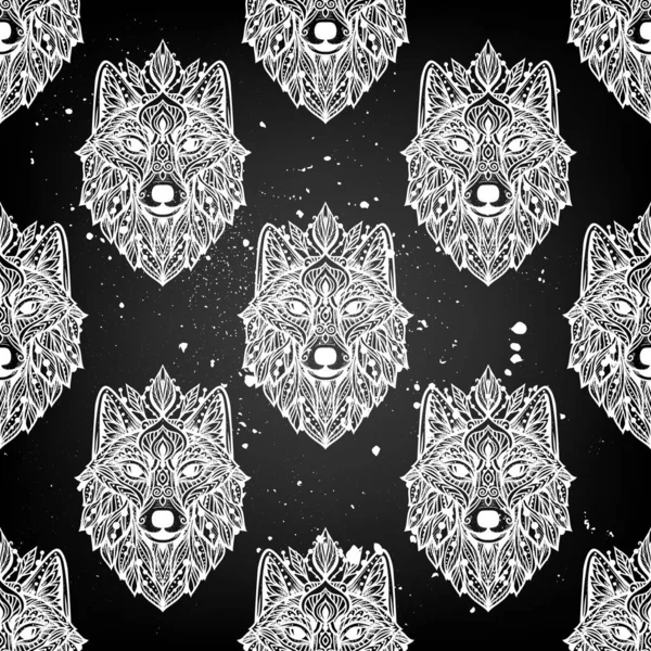ウルフ マンダラ ベクトルパターンイラスト 禅坊風の精霊的な野生動物 黒と白のヒッピープリント — ストックベクタ