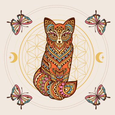 Fox Mandala retro 'su. Vektör çizimi. Çiçek Etnik çizimi. Tilki hayvan doğası Zen boho tarzında. Kutsal geometri ve kelebeklerle