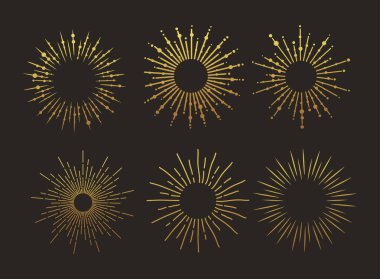 Güneş patlaması altın antika bir patlama. El çizimi vektör tasarımı, sihirli element. Havai fişek koleksiyonu. Bohem güneş ışınları doğrusal simgeler ve dekorasyon sembolleri