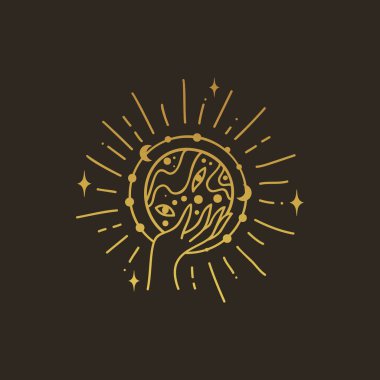 Kristal küre vektör illüstrasyonu, el çizimi göksel boho çizgi logosu, simgeler ve dekorasyon için mistik okült dövme elementleri.