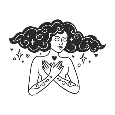 Bir kadın yürekten sarılır. Sevgililer günü kartı, kadınlar günü, anneler günü. Vektör Resimleri. Akıl Sağlığı Hizmetleri. Kız Doodle tarzı