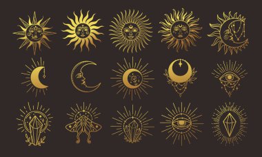 Göksel ve mistik sihirli elementler vektör illüstrasyonu, el çizimi kutsal boho çizgisi sanat logosu, dekorasyon için mistik