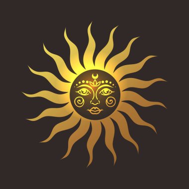Güneş altın vektör çizimi, el çizimi göksel boho çizgisi sanat logosu, simgeler ve dekorasyon için mistik ay dövmesi elementleri.