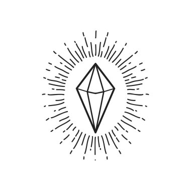 Kristal vektör çizimi, el çizimi kutsal boho çizgisi sanat logosu, simgeler ve dekorasyon için mistik ay dövmesi elementleri..