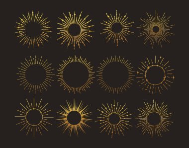 Güneş patlaması altın antika bir patlama. El çizimi vektör tasarımı, sihirli element. Havai fişek koleksiyonu. Bohem güneş ışınları doğrusal simgeler ve dekorasyon sembolleri