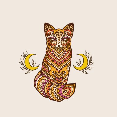 Fox Mandala retro 'su. Vektör çizimi. Çiçek Etnik çizimi. Tilki hayvan doğası Zen boho tarzında. Kutsal geometri ve kelebeklerle