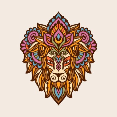 Aslan mandala retro. Vektör çizimi. Çiçek Etnik çizimi. Leo Zen boho tarzında hayvan doğası. Renkli sayfa, hippi tarzı