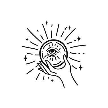 Kristal küre vektör illüstrasyonu, el çizimi göksel boho çizgi logosu, simgeler ve dekorasyon için mistik okült dövme elementleri.