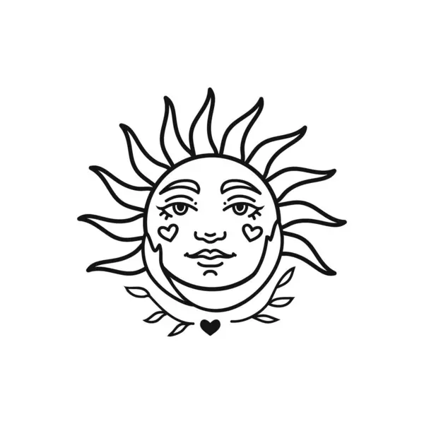Logo Sun Doodle Disegno Mano Bohemien Schizzo Esoterico Illustrazione Vettoriale — Vettoriale Stock