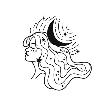 Uzay saçlı peri kız. Astroloji ve astronomi iş konsepti, falcılar, tahminler, yıldız falı. Logo vektör çizimi. Büyücülük, maneviyat. Boyama kitabı