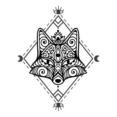 Tilki mandala süsü. Vektör çizimi. Çiçek Etnik çizimi. Tilki hayvan doğası Zen boho tarzında. Renkli sayfa siyah ve beyaz