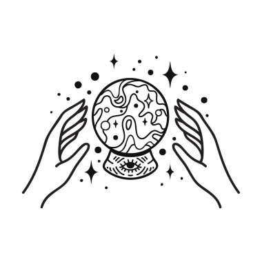 El doğrusal vektör tasarımı, el çizimi semavi boho logosu veya amblemi. Sihirli Kozmetik, Pazar ve Paketleme veya Güzellik Ürünleri Sembolü