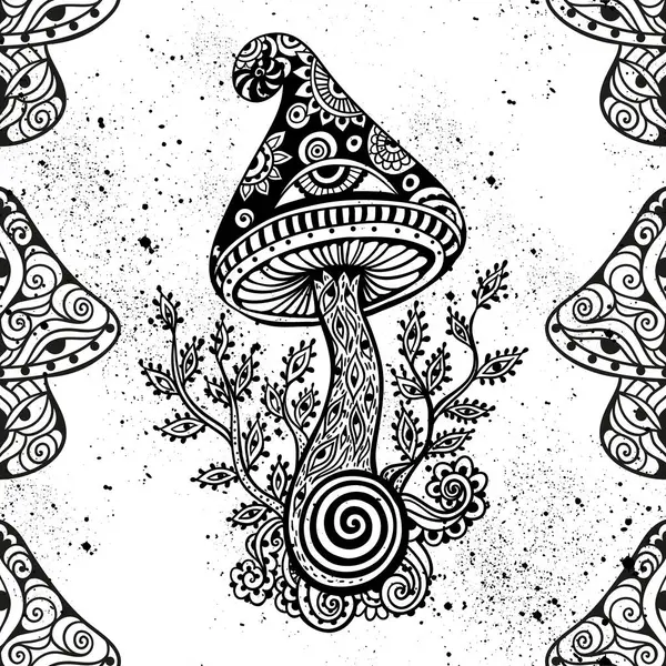 魔法蘑菇曼达拉 迷幻图案 矢量图解 Zen Boho艺术 装饰蘑菇 嬉皮士 幻觉扁桃体60年代70年代 — 图库矢量图片