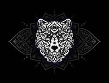 Ayı mandala süsü. Vektör çizimi. Çiçek Etnik çizimi. Zen boho tarzında ayı doğası. Renkli sayfa siyah ve beyaz