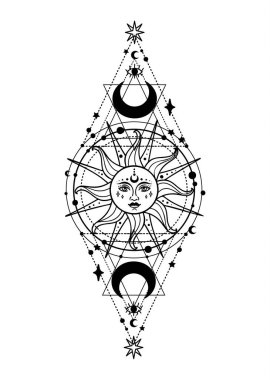 Güneş vektörü, Kutsal Geometri sihri ve esrarengiz felsefe dövme göksel boho çizgisi sanat dövmesi, klasik tarz.