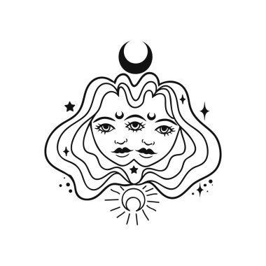 Peri kız. Astroloji ve astronomi. İkizler burcu, yıldız falı. Logo vektör çizimi. Boyama kitabı, tek renkli siyah beyaz