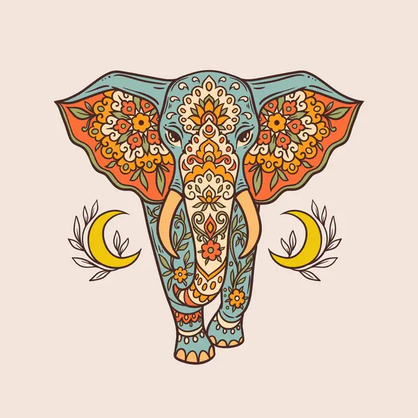 Elephant Moon Retro Vector Illustration Flower Ethnic Drawing Elephante Animal — Stock Vector