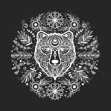 Ayı mandala. Hayvan Vektörü illüstrasyonu. Zen boho tarzında yazdırın. Stres karşıtı, barışçıl çizim. Siyah ve beyaz