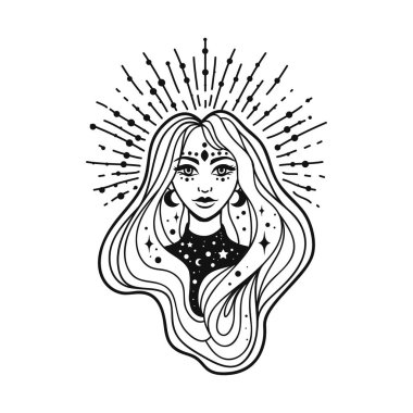 Uzay saçlı peri kız. Astroloji ve astronomi iş konsepti, falcılar, tahminler, yıldız falı. Logo vektör çizimi. Büyücülük, maneviyat. Boyama kitabı