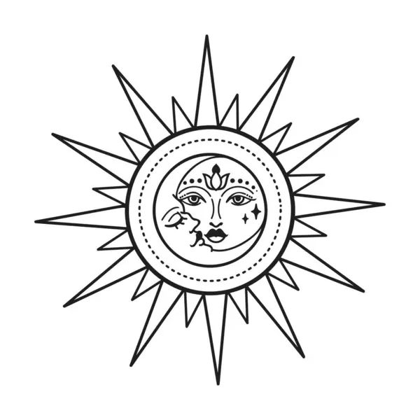 Векторная Иллюстрация Солнца Нарисованный Вручную Небесный Логотип Бохо Линии Искусства Стоковый вектор