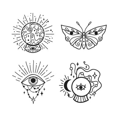 Kristal top, kelebek, ay vektör çizimi, el çizimi kutsal boho çizgisi sanat logosu, dekorasyon için mistik ay dövmesi elementleri..