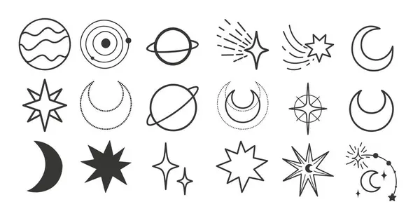 Небесные Объекты Установлены Луна Солнце Звезды Планеты Облака Lineart Векторная Лицензионные Стоковые Иллюстрации