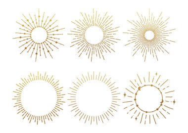 Güneş patlaması altın antika bir patlama. El çizimi vektör tasarımı, sihirli element. Havai fişek koleksiyonu. Bohem güneş ışınları doğrusal simgeler ve dekorasyon sembolleri