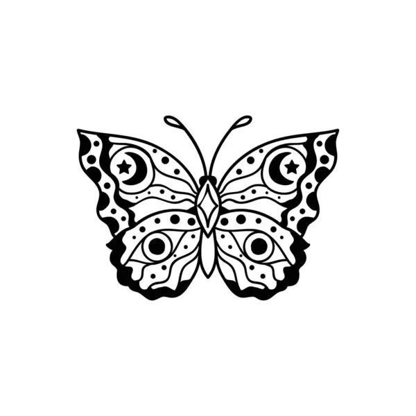 バタフライアイボーフ ラインアートベクトルイラスト フラワームーン 魔法の魔女のシンボル メーソンシンボル 手描きのロゴやエンブレム ストックイラスト