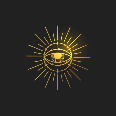 Göz vektör çizimi, el çizimi üçüncü göz boho çizgisi sanat logosu, dekorasyon için mistik ay dövmesi elementleri.