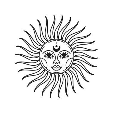 Güneş vektör çizimi, el çizimi göksel boho çizgisi sanat logosu, simgeler ve dekorasyon için mistik ay dövmesi elementleri..