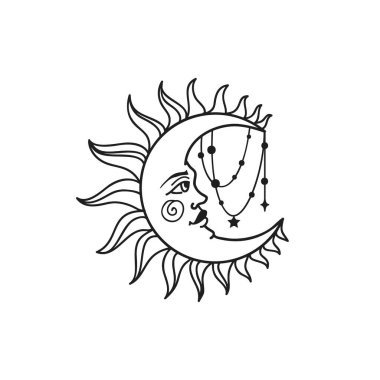 Ay vektör çizimi, el çizimi göksel boho çizgisi sanat logosu, simgeler ve dekorasyon için mistik ay dövmesi elementleri
