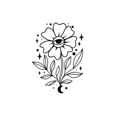 Göz boho. Lineart Vektör illüstrasyonu. Çiçek ayı, sihirli büyücülük sembolü. Mason sembolü. El çizimi logo veya amblem