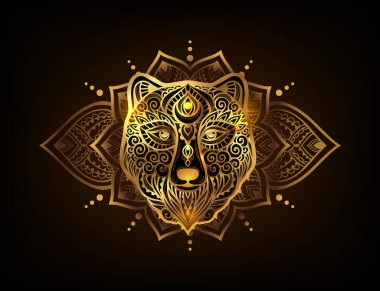 Ayı mandala süsü. Vektör çizimi. Çiçek Etnik çizimi. Zen boho tarzında ayı doğası. Altın Mafyası Ormanı
