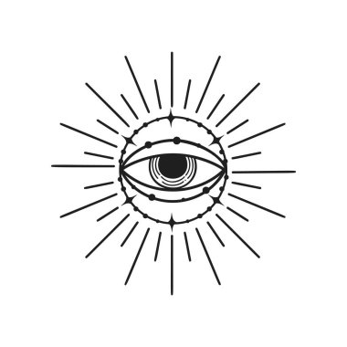 Göz vektör çizimi, el çizimi üçüncü göz boho çizgisi sanat logosu, dekorasyon için mistik ay dövmesi elementleri.