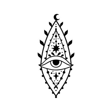 Göz boho. Lineart Vektör illüstrasyonu. Çiçek ayı, sihirli büyücülük sembolü. Mason sembolü. El çizimi logo veya amblem