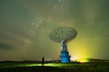 Radyo teleskopları ve gece Samanyolu, Samanyolu panoraması, radyo teleskopları üzerinden Samanyolu.