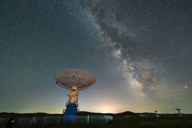 Radyo teleskopları ve gece Samanyolu, Samanyolu panoraması, radyo teleskopları üzerinden Samanyolu.