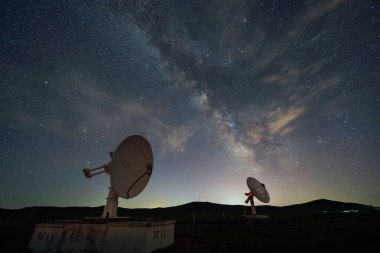 Radyo teleskopları ve gece Samanyolu, Samanyolu panoraması, radyo teleskopları üzerinden Samanyolu.