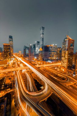 Pekin, Çin 'deki şehir manzarasının gece manzarası. Guomao CBD Pekin, Çin 'de gece görüşü