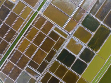 Tuz tarlasının manzarası, tuz tarlasının havadan çekilmiş fotoğrafı.